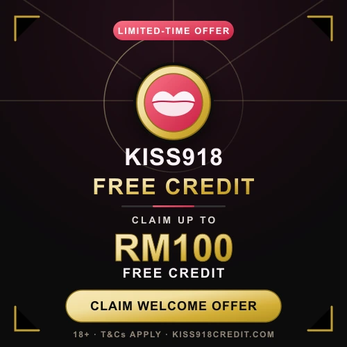 KISS918 Free Credit promotional banner: claim up to RM100 free credit. Claim Welcome Offer.